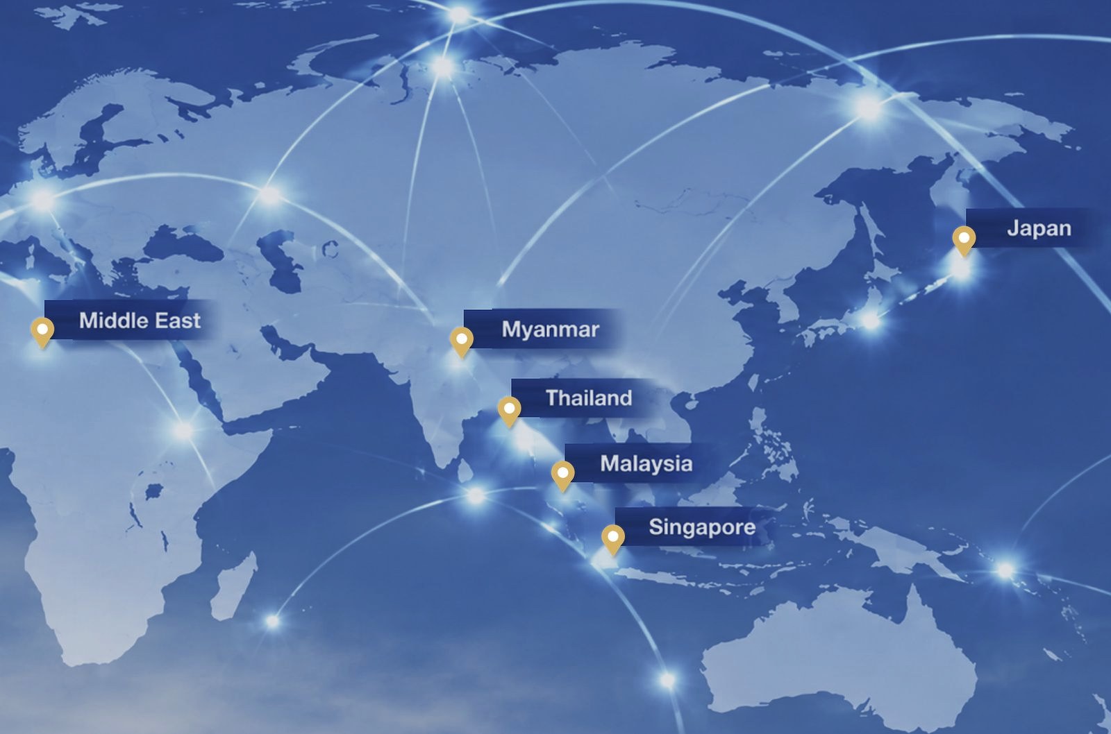 Map of Asia and the Middle East with pins on Singapore, Malaysia, Thailand, Myanmar, Japan and the Middle East