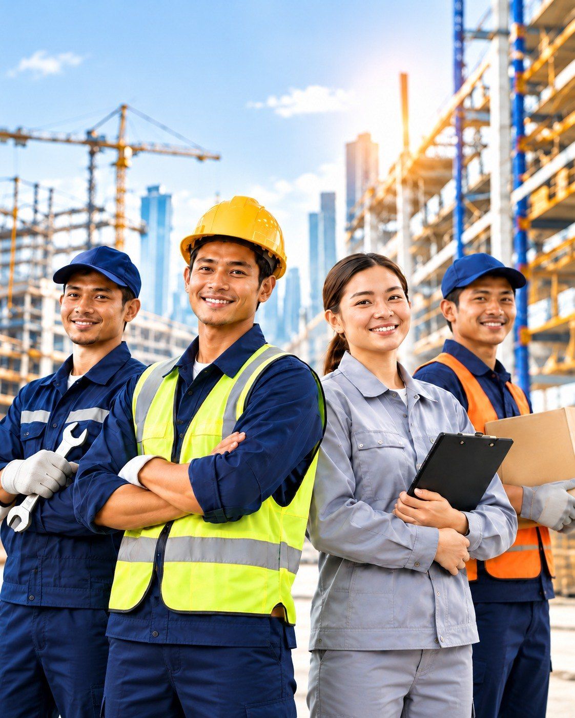 Workers in safety gear at a construction site